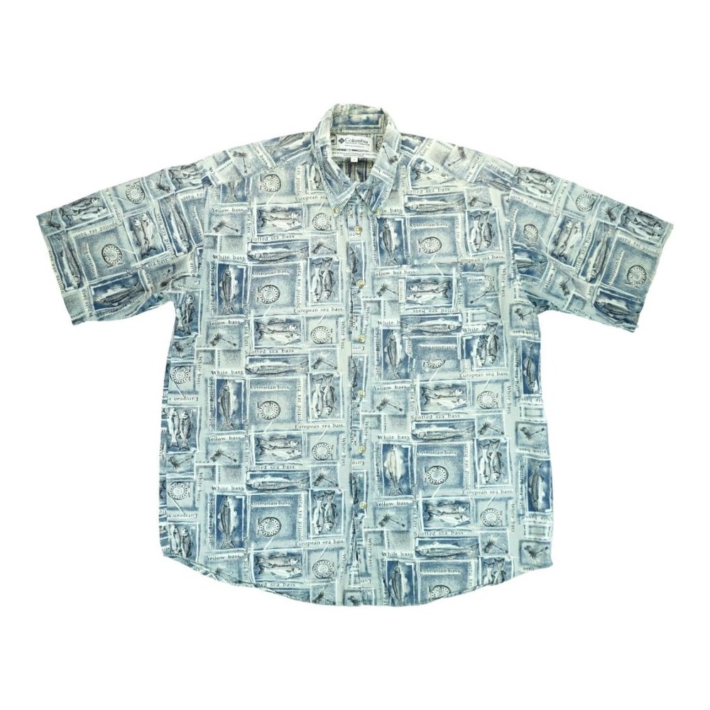 Columbia Mens Large Button Up Short Sleeve Shirt Fish Print Sea Bass Fishing